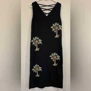 Black Palm Tree Embroidered Midi Dress